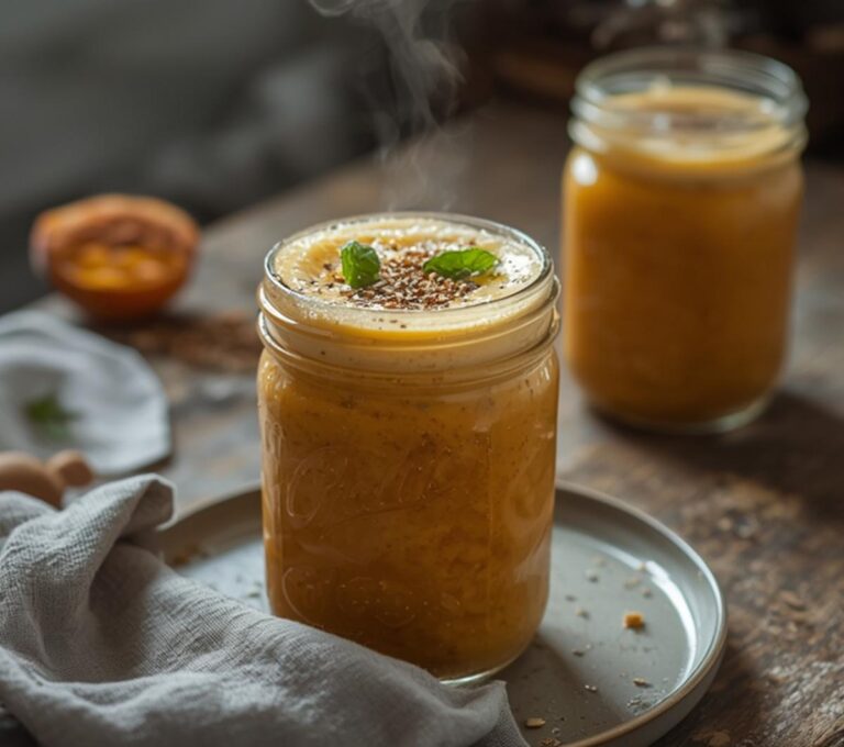 Ginger Peach Metabolism Smoothie: Creamy ginger peach metabolism smoothie in a glass with golden hue and toasted chia seeds.