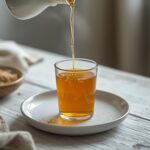 Ginger Turmeric Wellness Shot: Golden ginger turmeric wellness shot in a small glass, glistening and fresh for daily immunity.