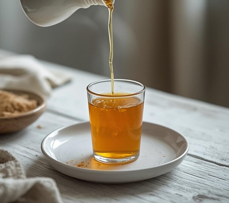 Ginger Turmeric Wellness Shot: Golden ginger turmeric wellness shot in a small glass, glistening and fresh for daily immunity.