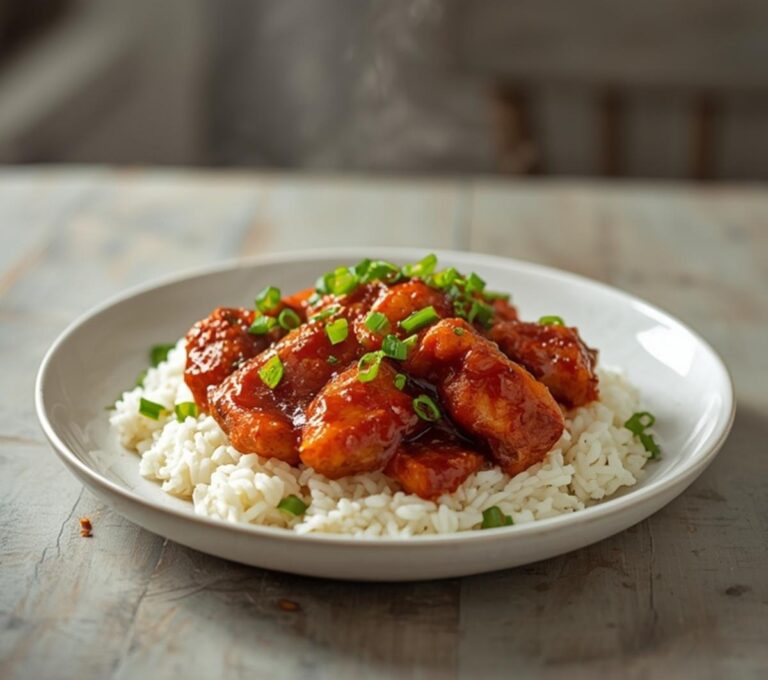 Gochujang Chicken Rice Bowl: Gochujang Chicken Rice Bowl with crispy glazed chicken and rice, topped with green onions