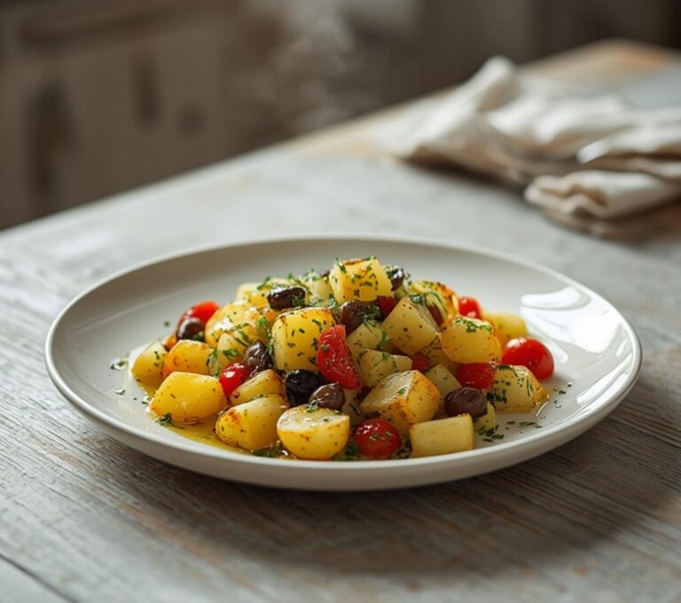 Home 9 Greek Potato Salad: A bowl of fresh Greek Potato Salad with red potatoes, tomatoes, olives, and herbs on a wooden table.
