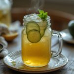 Green Tea Cucumber Lemonade: Green Tea Cucumber Lemonade in a glass with fresh cucumber slices and ice, a refreshing detox drink.