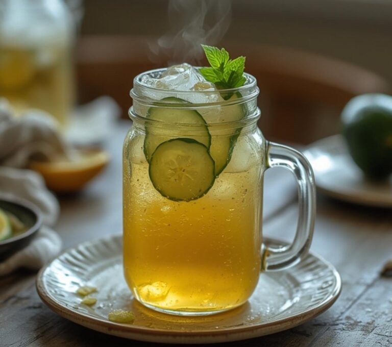 Green Tea Cucumber Lemonade: Green Tea Cucumber Lemonade in a glass with fresh cucumber slices and ice, a refreshing detox drink.