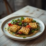 Grilled Halloumi Flatbread: Grilled halloumi flatbread with golden cheese, fresh greens, and ruby-red tomatoes on a rustic table.