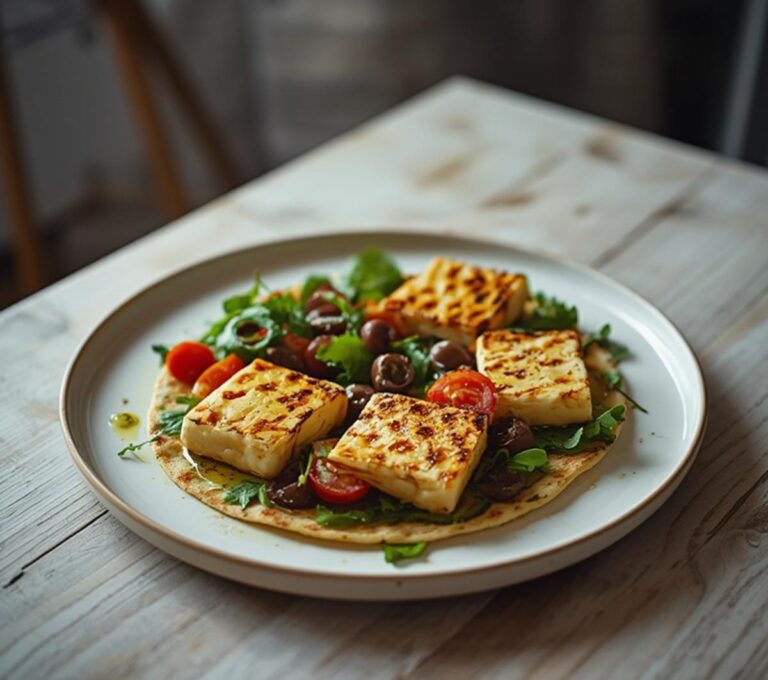 Grilled Halloumi Flatbread: Grilled halloumi flatbread with golden cheese, fresh greens, and ruby-red tomatoes on a rustic table.