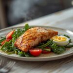 Grilled Salmon Niçoise: Grilled Salmon Niçoise with flaky fish, fresh greens, and glistening olives on a platter.