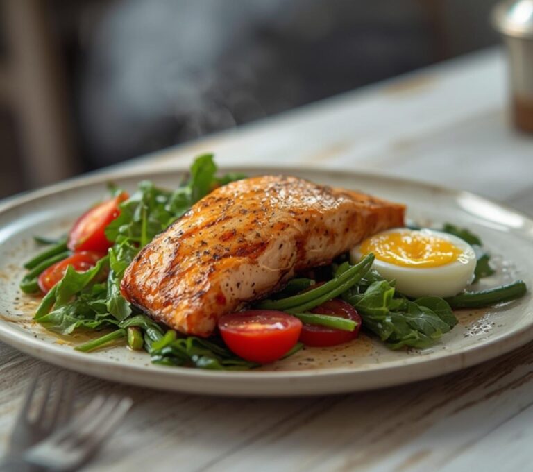 Home 12 Grilled Salmon Niçoise: Grilled Salmon Niçoise with flaky fish, fresh greens, and glistening olives on a platter.