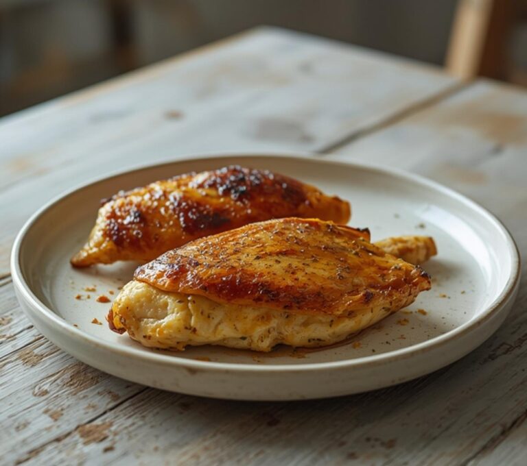 Home 6 Herbed Roast Chicken Breast: Golden herbed roast chicken breast on a plate with crisp edges and a glistening herb coating.