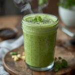 High Fiber Green Shake: High fiber green shake in a glass with a creamy texture and vibrant green color, topped with a few chia seeds.