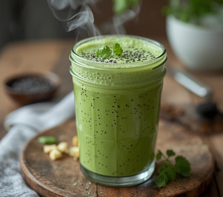 High Fiber Green Shake: High fiber green shake in a glass with a creamy texture and vibrant green color, topped with a few chia seeds.
