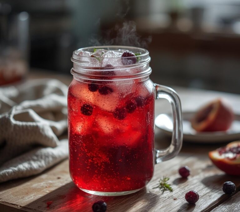 Iced Hibiscus Berry Tea: Ruby-red iced hibiscus berry tea in a glass with berries, refreshing and low-calorie.