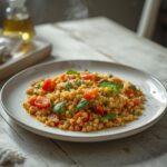 Israeli Couscous Pearl Salad: Bright bowl of Israeli Couscous Pearl Salad with cherry tomatoes and fresh herbs on a wooden table.