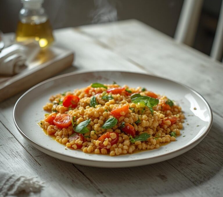 Home 10 Israeli Couscous Pearl Salad: Bright bowl of Israeli Couscous Pearl Salad with cherry tomatoes and fresh herbs on a wooden table.