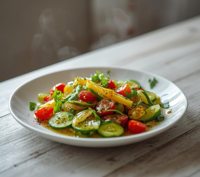 Home 12 Israeli Salad Chopped Fresh: Fresh Israeli Salad Chopped with glistening cucumbers and ruby-red tomatoes on a white plate.