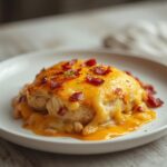 Jalapeño Popper Chicken Bake: A baking dish filled with a bubbly, golden chicken casserole topped with melted cheese, crumbled bacon, and diced jalapeños.