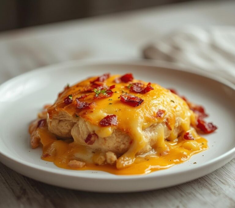 Jalapeño Popper Chicken Bake: A baking dish filled with a bubbly, golden chicken casserole topped with melted cheese, crumbled bacon, and diced jalapeños.