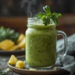 Kale Pineapple Power Smoothie: Vibrant green kale pineapple power smoothie in a glass with a creamy texture and tropical flecks.