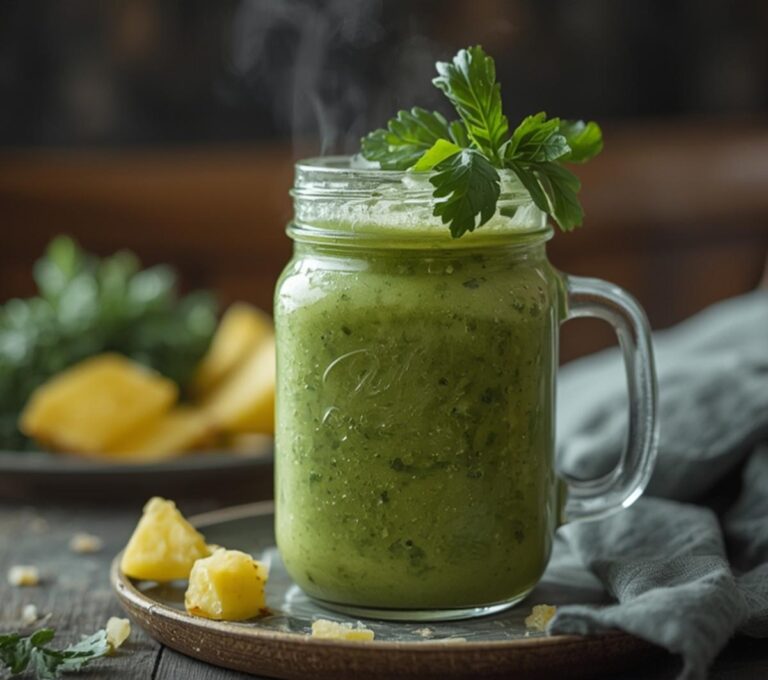 Kale Pineapple Power Smoothie: Vibrant green kale pineapple power smoothie in a glass with a creamy texture and tropical flecks.
