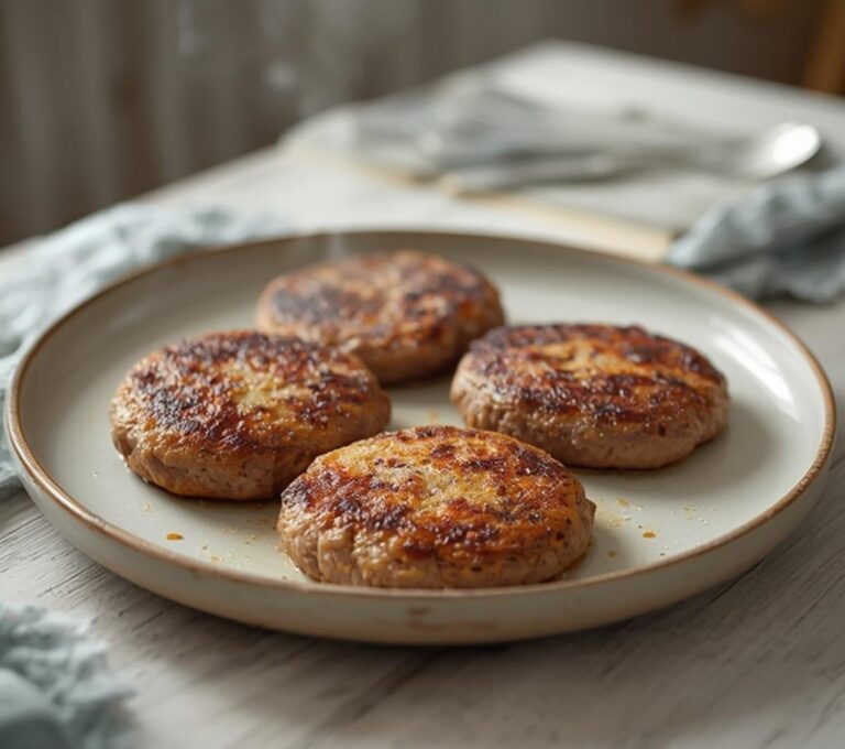 Home 6 Keto Beef Breakfast Patties: Crispy golden keto beef breakfast patties on a skillet with a glistening surface and caramelized edges.
