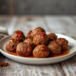 Keto Beef Sausage Balls: Golden crispy keto beef sausage balls on a baking sheet with a savory, glistening finish.