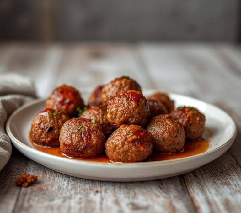 Keto Beef Sausage Balls: Golden crispy keto beef sausage balls on a baking sheet with a savory, glistening finish.
