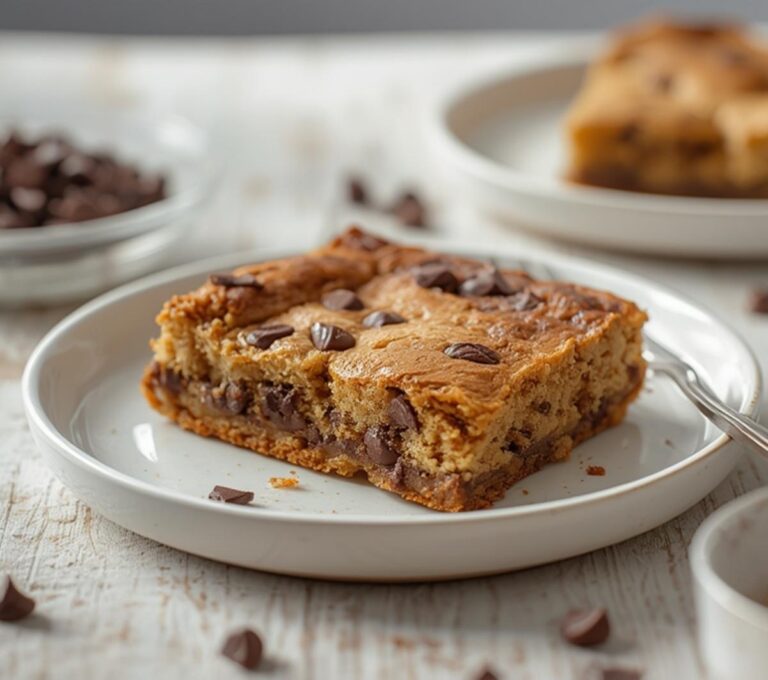 Home 16 Keto Blondies Low Carb: Golden keto blondies low carb with melted chocolate chips and crisp edges on a baking sheet.