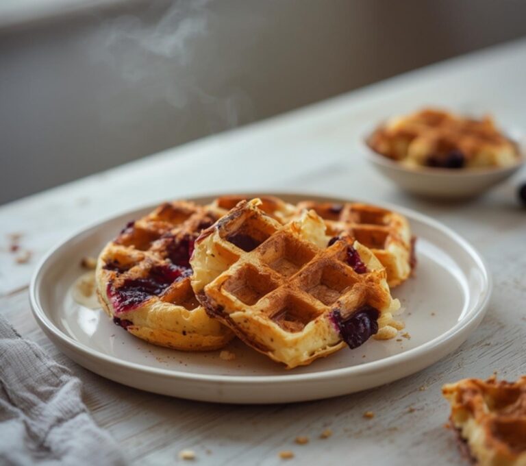 Home 12 Keto Blueberry Chaffles: Golden keto blueberry chaffles with crisp edges and ruby-red berry pockets on a plate.