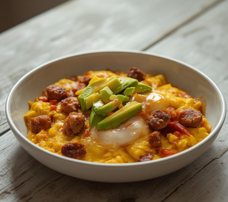 Home 7 Keto Breakfast Burrito Bowl: A colorful keto breakfast burrito bowl with golden eggs, sausage, melted cheese, and fresh avocado on top.