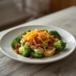 Keto Broccoli Salad: A creamy Keto Broccoli Salad in a white bowl with green florets, bacon, and cheese, glistening with dressing.
