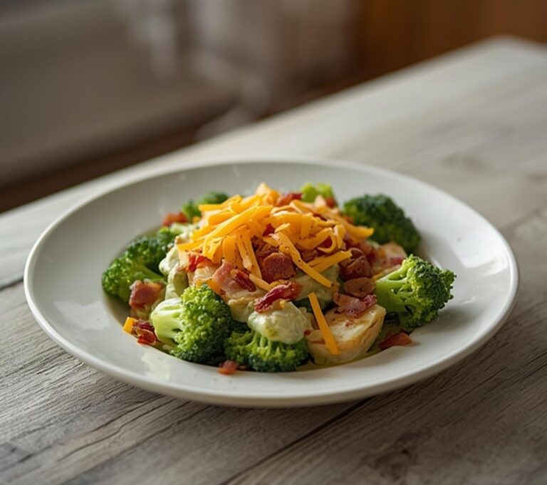 Keto Broccoli Salad: A creamy Keto Broccoli Salad in a white bowl with green florets, bacon, and cheese, glistening with dressing.