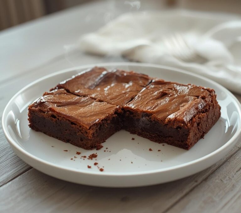 Home 20 Keto Brownies: Fudgy keto brownies with a glistening caramel-brown top and crisp edges on a plate.