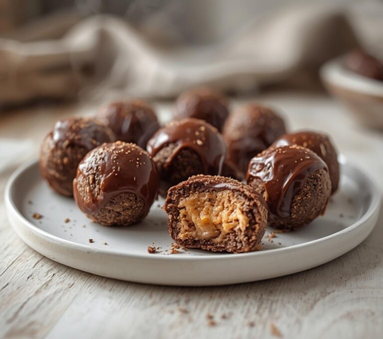 Home 6 Keto Buckeyes: Creamy keto buckeyes with melted chocolate coating on a white surface, sugar-free peanut butter centers visible.