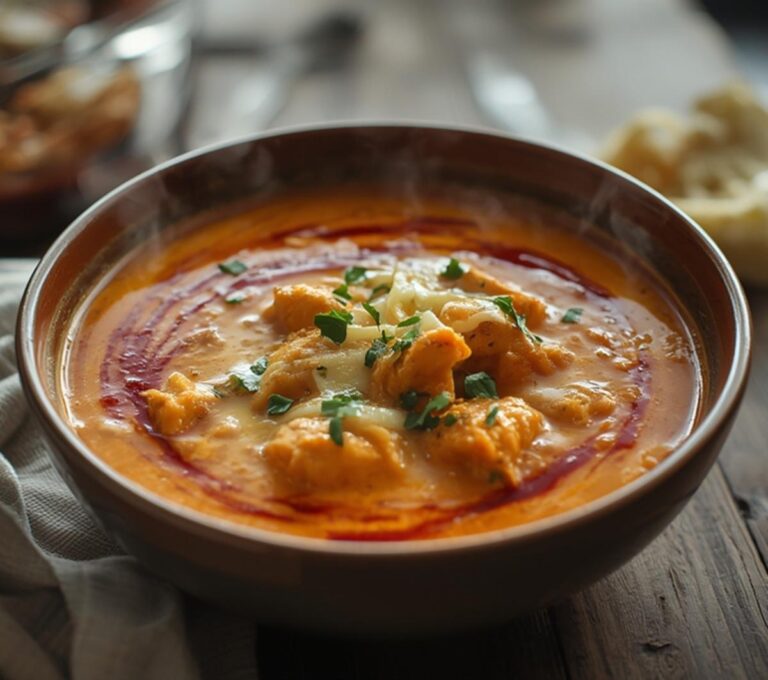 Keto Buffalo Chicken Soup: Creamy Keto Buffalo Chicken Soup in a white bowl with golden chicken and ruby-red buffalo swirls.