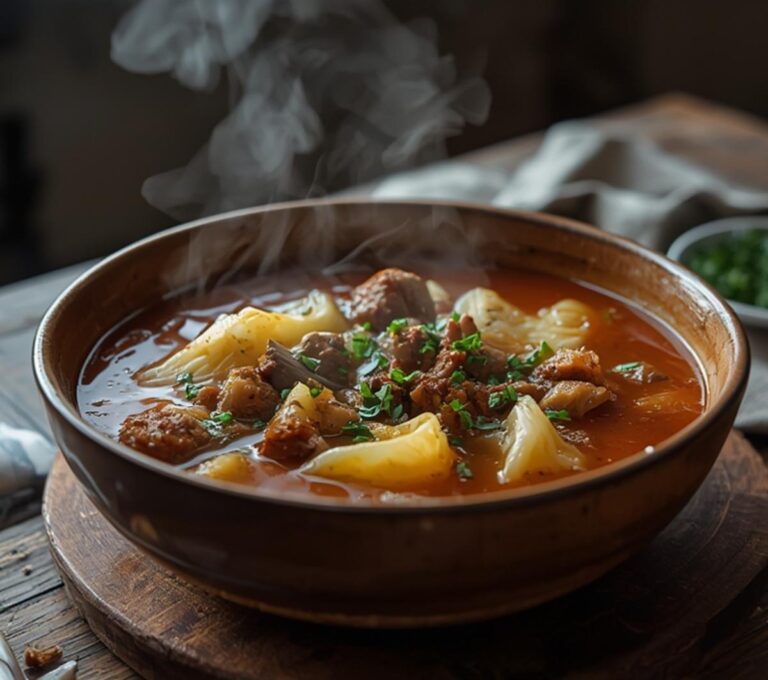 Keto Cabbage Roll Soup: A bowl of glistening Keto Cabbage Roll Soup with ground beef and tender cabbage in a rich broth.