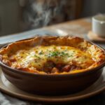 Keto Chili Cornbread Casserole: Golden bubbly Keto Chili Cornbread Casserole in a baking dish with a cheesy crust and hearty chili filling.