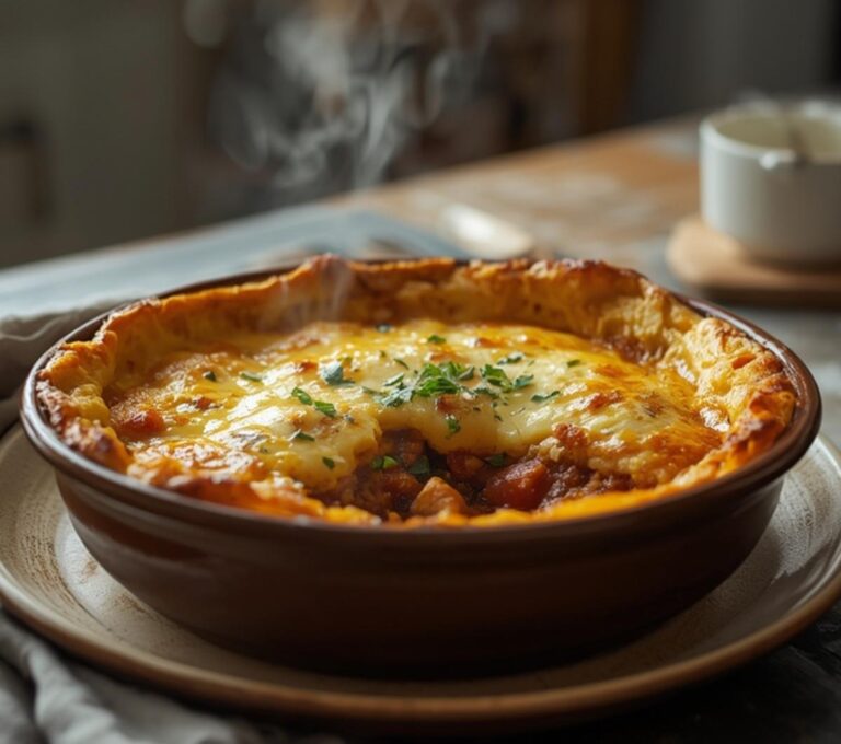 Keto Chili Cornbread Casserole: Golden bubbly Keto Chili Cornbread Casserole in a baking dish with a cheesy crust and hearty chili filling.