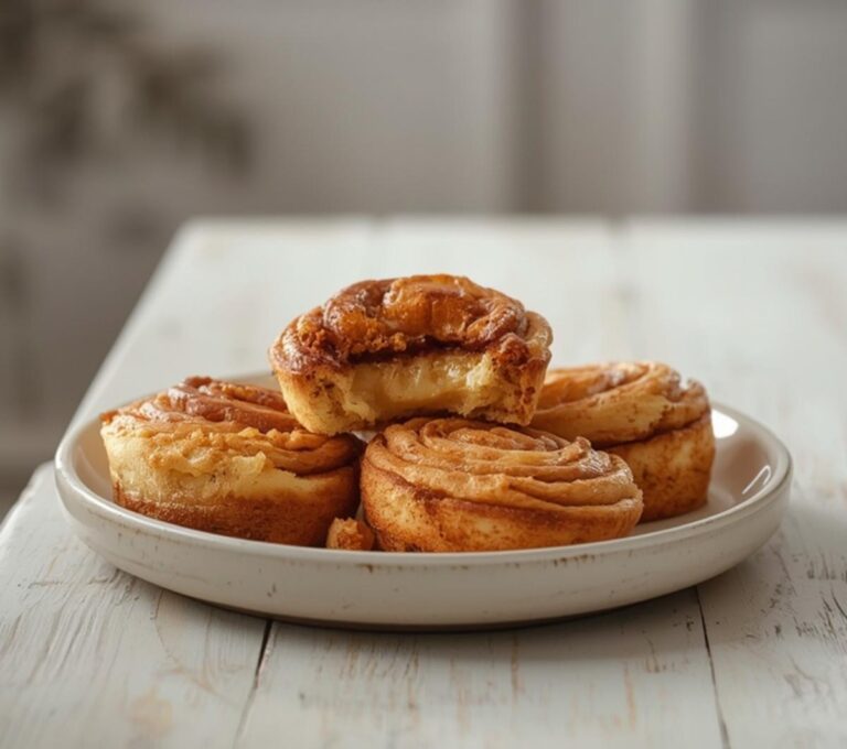 Home 7 Keto Cinnamon Roll Bites: Golden keto cinnamon roll bites with caramel-brown glaze and creamy cinnamon filling on a baking sheet.