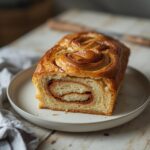 Keto Cinnamon Swirl Bread: Golden keto cinnamon swirl bread on a plate with a glistening cinnamon topping and tender crumb visible.