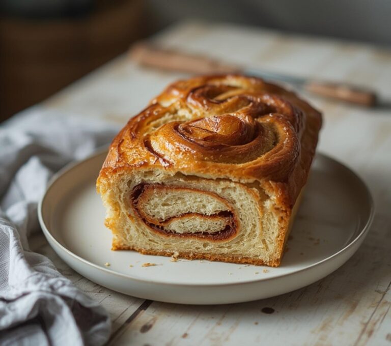 Home 13 Keto Cinnamon Swirl Bread: Golden keto cinnamon swirl bread on a plate with a glistening cinnamon topping and tender crumb visible.