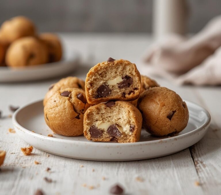 Home 8 Keto Cookie Dough Bites: Keto cookie dough bites glistening on a tray with creamy texture and melted chocolate chips.