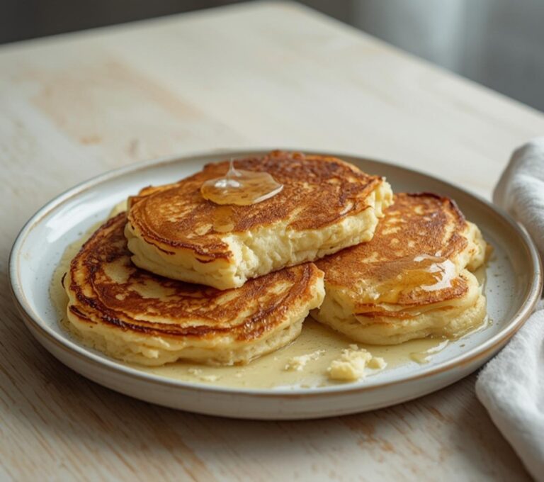 Keto Cottage Cheese Pancakes: Crispy keto cottage cheese pancakes on a plate with golden edges and a glistening buttery glaze.