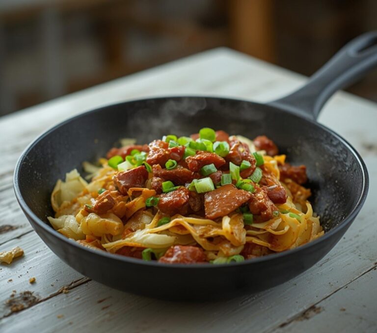 Keto Egg Roll Bowl: One-pan keto egg roll bowl with ground pork and shredded cabbage in a skillet, glistening and savory.