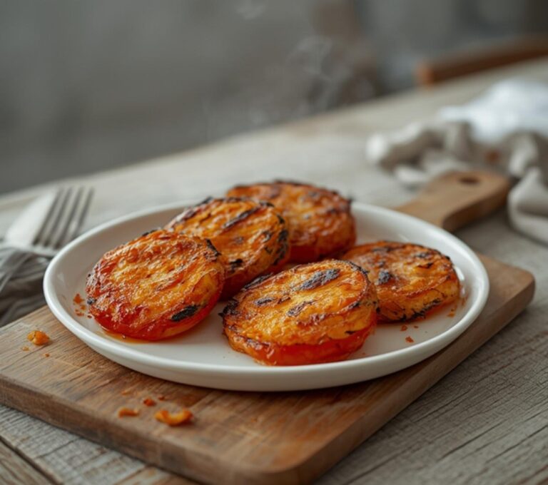 Home 8 Keto Fried Green Tomatoes: Crispy golden keto fried green tomatoes with a crunchy coating and glistening edges on a wooden board.