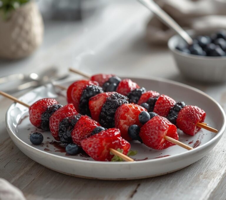 Keto Fruit Salad Skewers: Bright keto fruit salad skewers with berries glistening on a platter, low-carb snack idea.