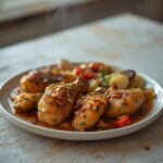 Keto Kung Pao Chicken: Spicy Keto Kung Pao Chicken in a skillet with golden chicken, crisp veggies, and toasted almonds.