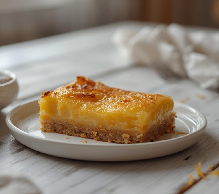 Keto Lemon Cheesecake Bars: Keto Lemon Cheesecake Bars with creamy filling and glistening top on a marble board.