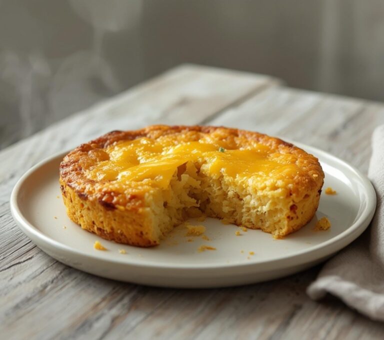 Keto Mexican Cornbread: Golden keto Mexican cornbread loaf on a wooden board with melted cheddar on top and diced jalapeños.