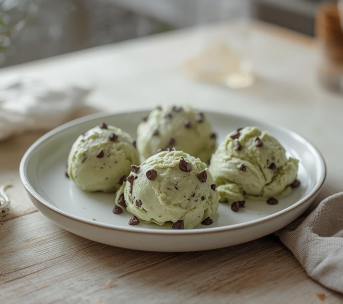 Easy Keto Mint Chip Scoop No-Bake Dessert 6 Keto Mint Chip Scoop: Creamy green keto mint chip scoop with dark chocolate chips on a chilled baking sheet.