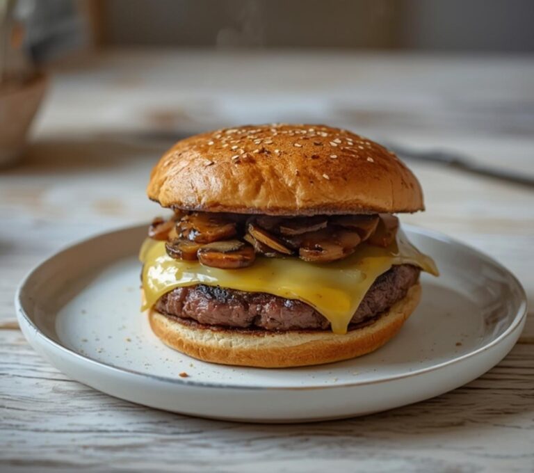Home 12 Keto Mushroom Swiss Burger: Juicy Keto Mushroom Swiss Burger with melted Swiss cheese and caramelized mushrooms on a low-carb bun.