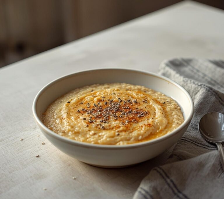 Home 11 Keto No Oat Oatmeal: Creamy keto no oat oatmeal in a rustic bowl with a golden, comforting texture and a sprinkle of cinnamon.